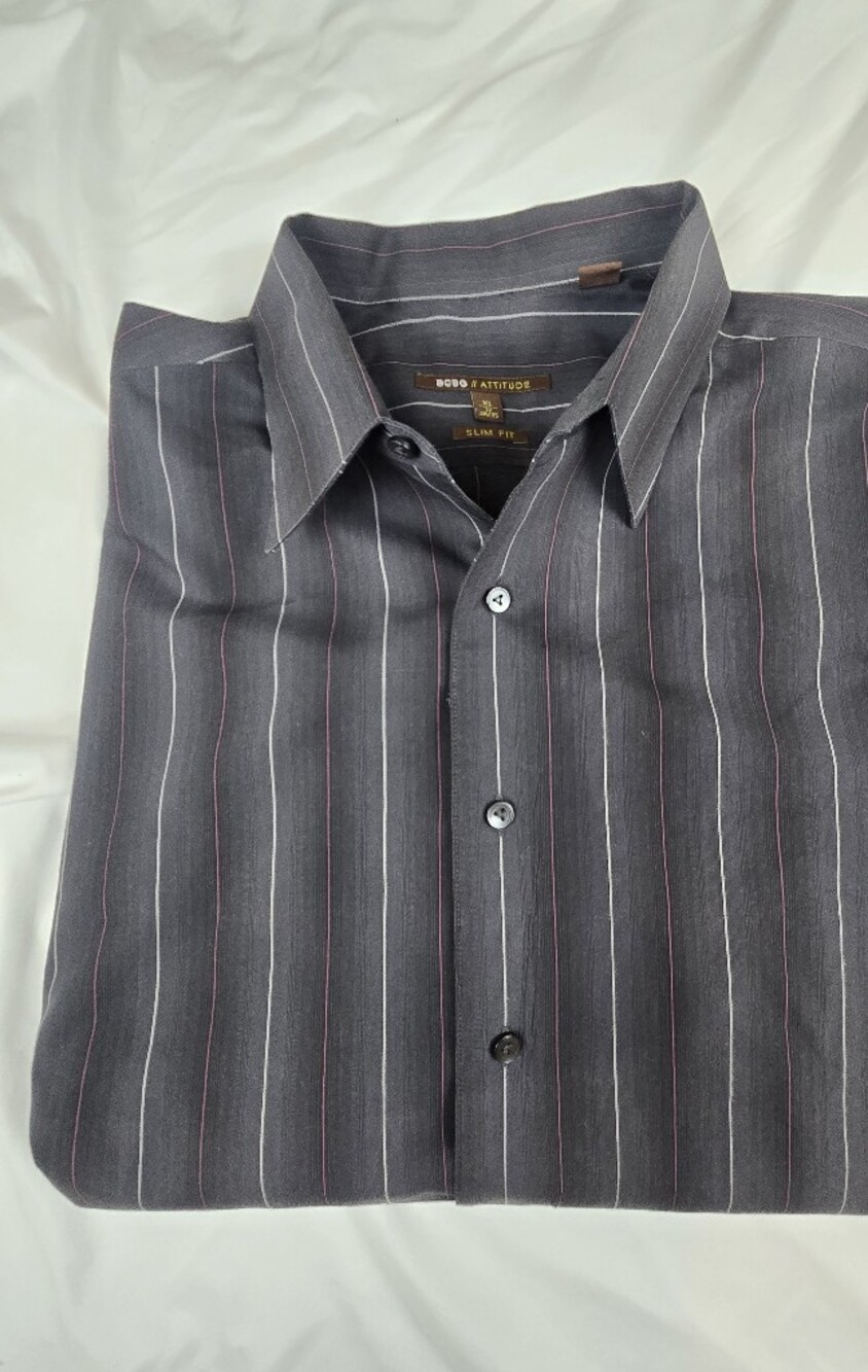 BCBG Attitude Men's XL Slim Fit Gray Pinstripe Button Front Dress Shirt 17 34/35